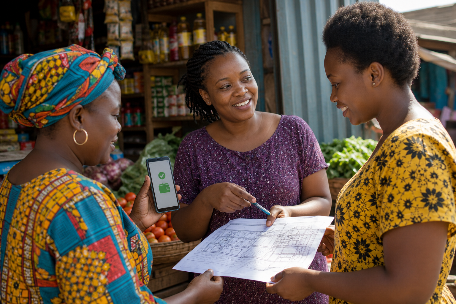 Business women discussing a loan to start a shop and confirming it with mobile money