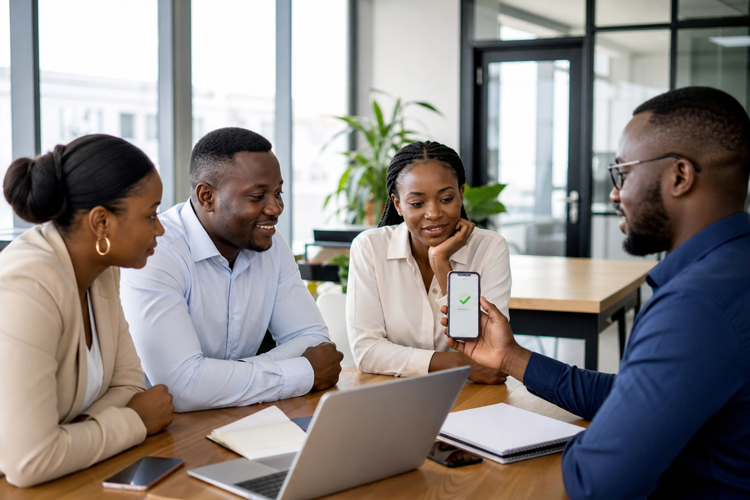 Office coworkers contributing to an Osusu group and recording it on mobile money